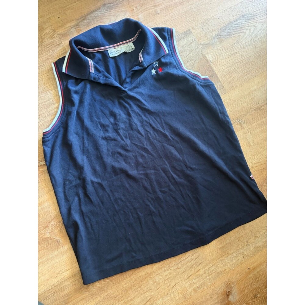 Navy Blue Sleeveless Polo Top with Embroidered Star Accent